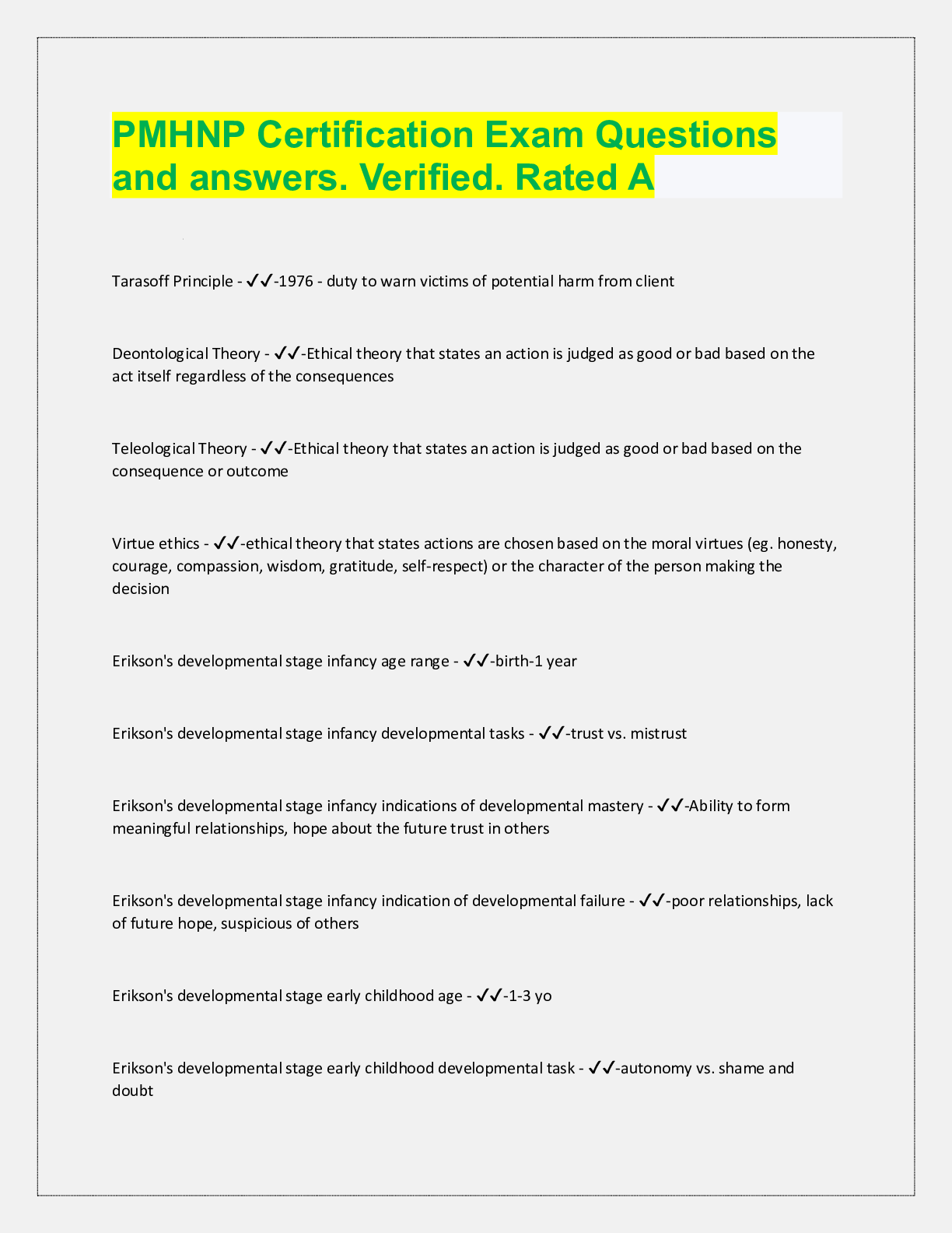 Preview image for PMHNP Certification Exam Questions  and answers. Verified. Rated A Tarasoff Principle - ✔✔-1976 -